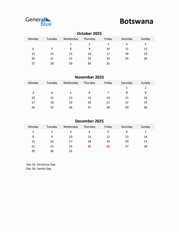 Printable Quarterly Calendar with Notes and Botswana Holidays- Q4 of 2025