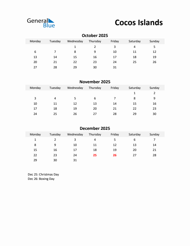 Printable Quarterly Calendar with Notes and Cocos Islands Holidays- Q4 of 2025