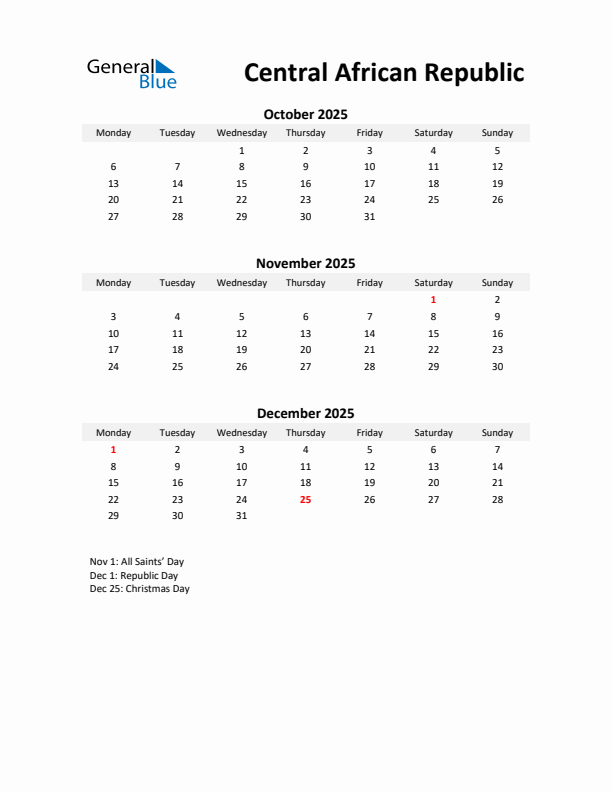 Printable Quarterly Calendar with Notes and Central African Republic Holidays- Q4 of 2025