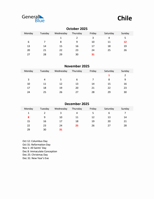 Printable Quarterly Calendar with Notes and Chile Holidays- Q4 of 2025