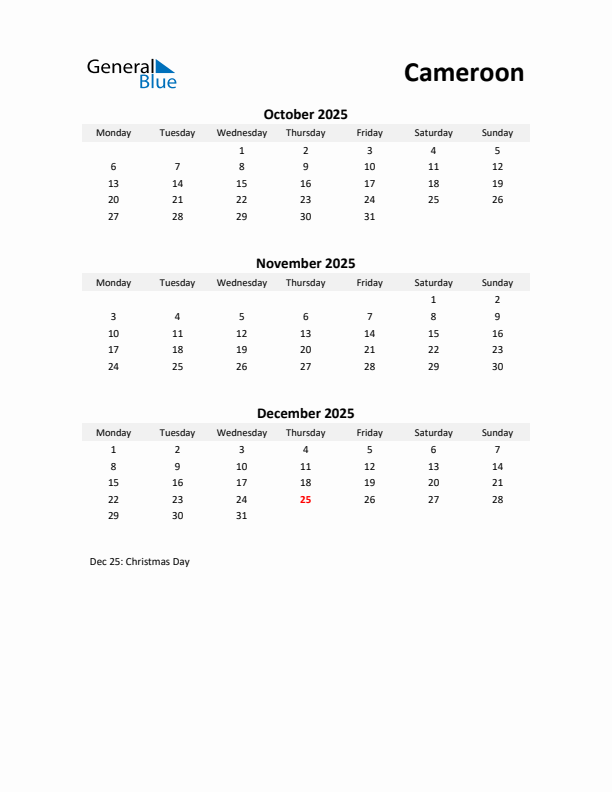 Printable Quarterly Calendar with Notes and Cameroon Holidays- Q4 of 2025