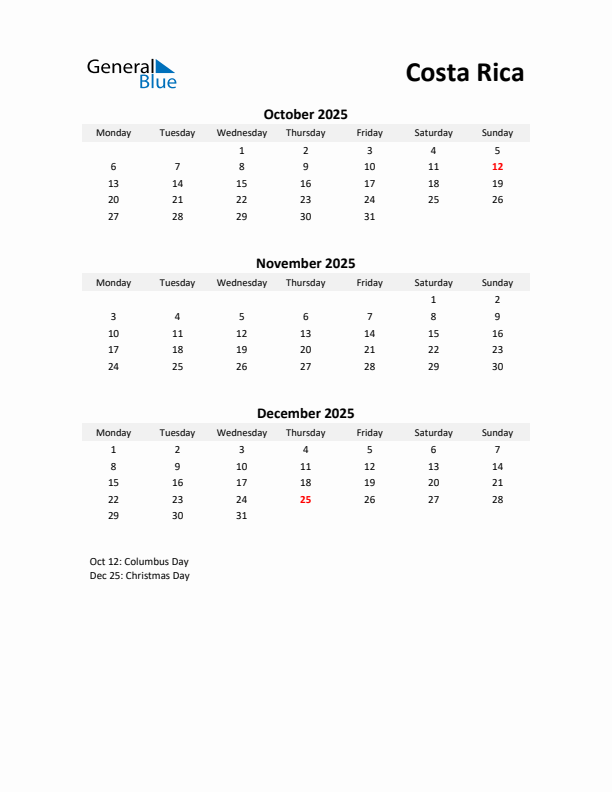 Printable Quarterly Calendar with Notes and Costa Rica Holidays- Q4 of 2025