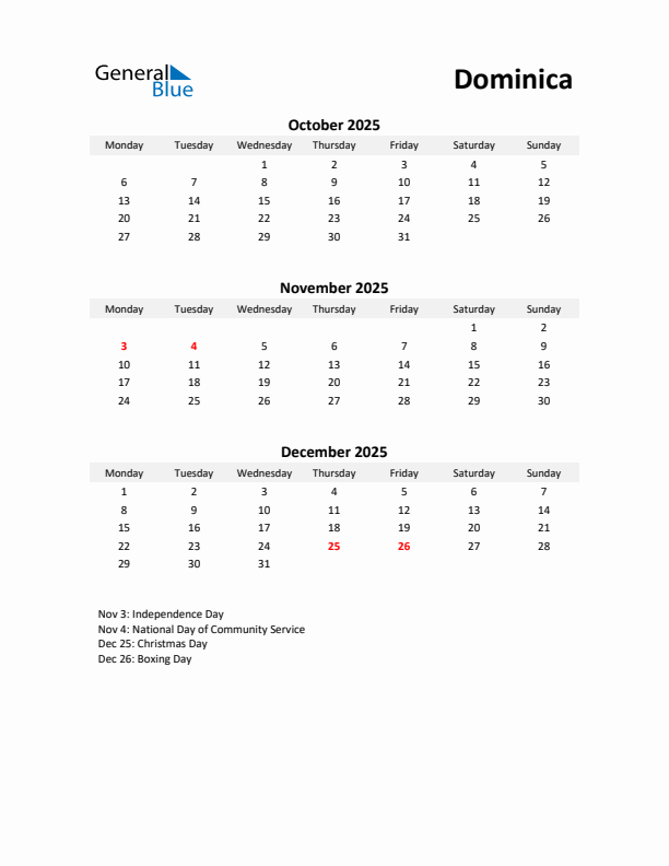 Printable Quarterly Calendar with Notes and Dominica Holidays- Q4 of 2025