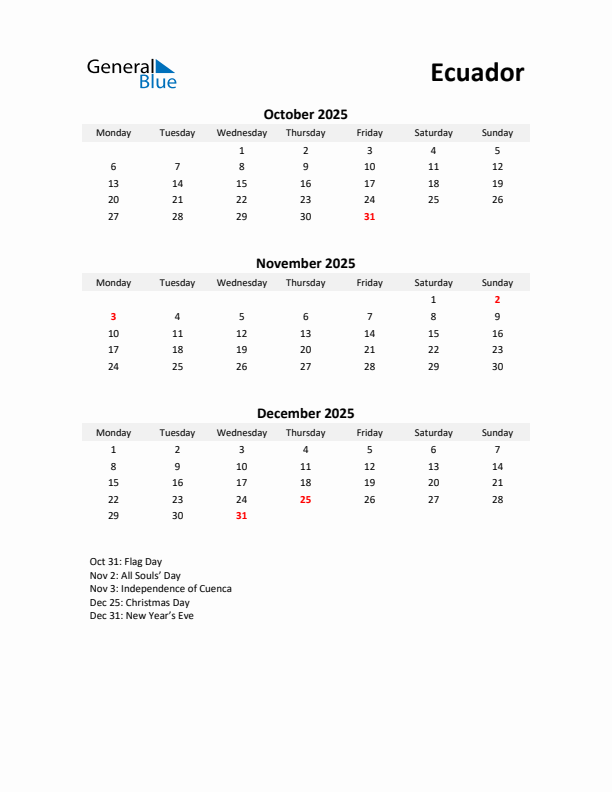 Printable Quarterly Calendar with Notes and Ecuador Holidays- Q4 of 2025