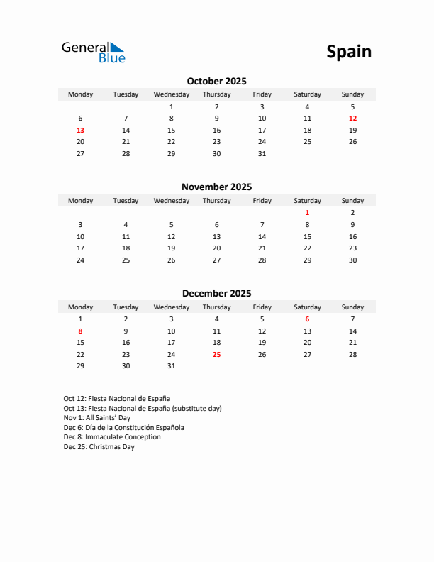 Printable Quarterly Calendar with Notes and Spain Holidays- Q4 of 2025