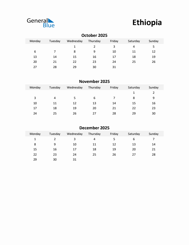 Printable Quarterly Calendar with Notes and Ethiopia Holidays- Q4 of 2025