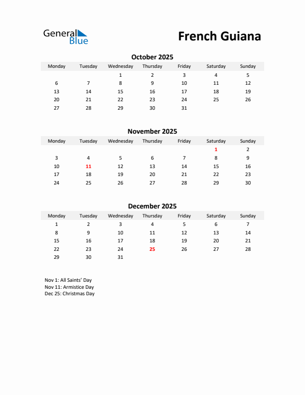 Printable Quarterly Calendar with Notes and French Guiana Holidays- Q4 of 2025