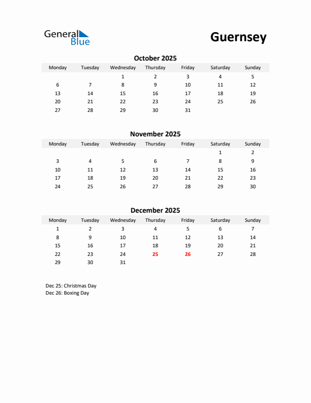 Printable Quarterly Calendar with Notes and Guernsey Holidays- Q4 of 2025