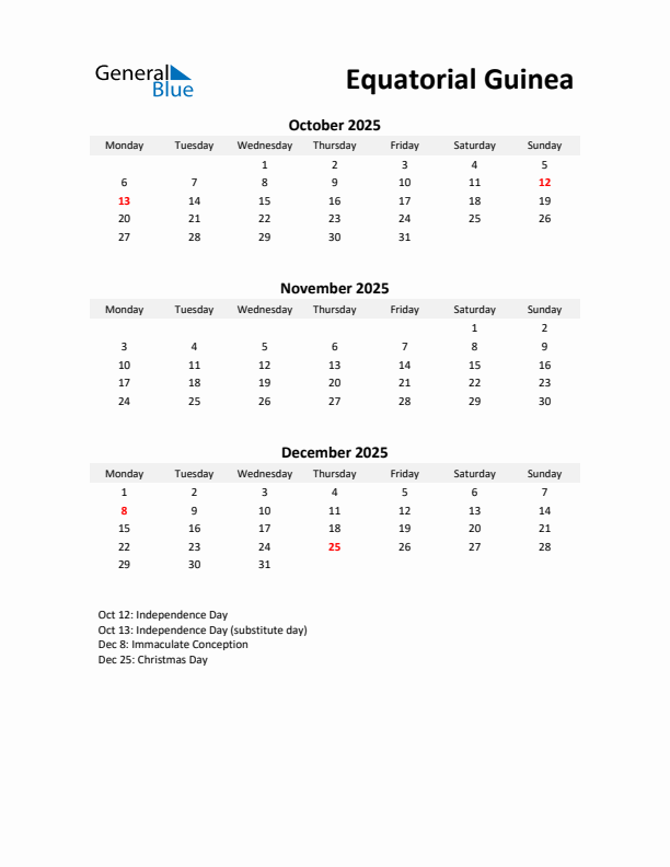 Printable Quarterly Calendar with Notes and Equatorial Guinea Holidays- Q4 of 2025