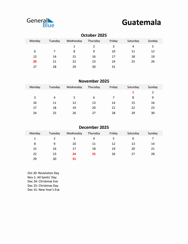 Printable Quarterly Calendar with Notes and Guatemala Holidays- Q4 of 2025