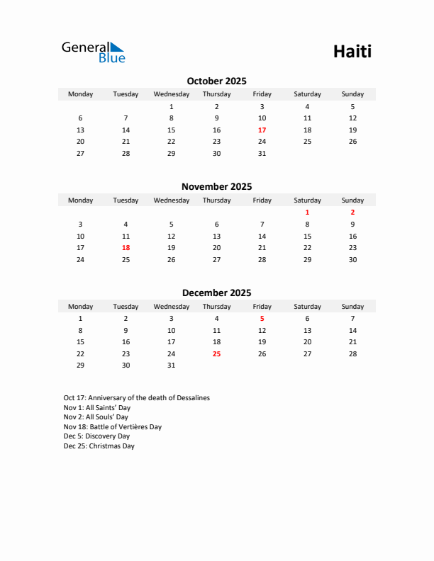 Printable Quarterly Calendar with Notes and Haiti Holidays- Q4 of 2025