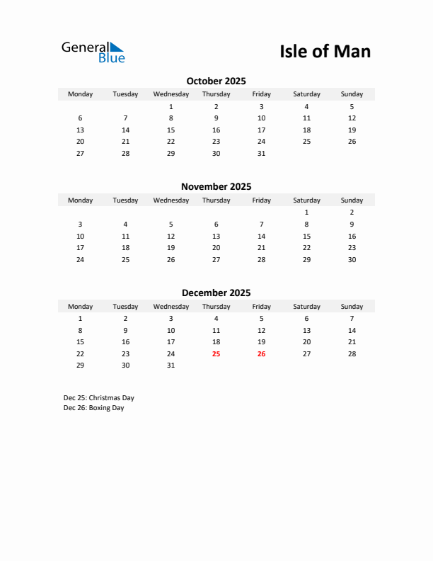 Printable Quarterly Calendar with Notes and Isle of Man Holidays- Q4 of 2025