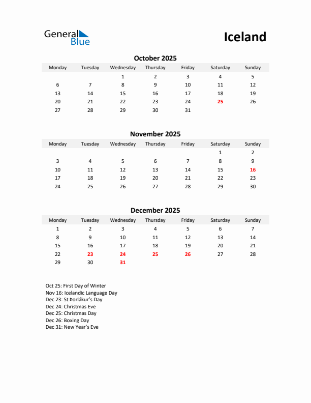 Printable Quarterly Calendar with Notes and Iceland Holidays- Q4 of 2025