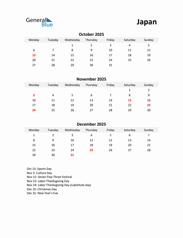 Printable Quarterly Calendar with Notes and Japan Holidays- Q4 of 2025