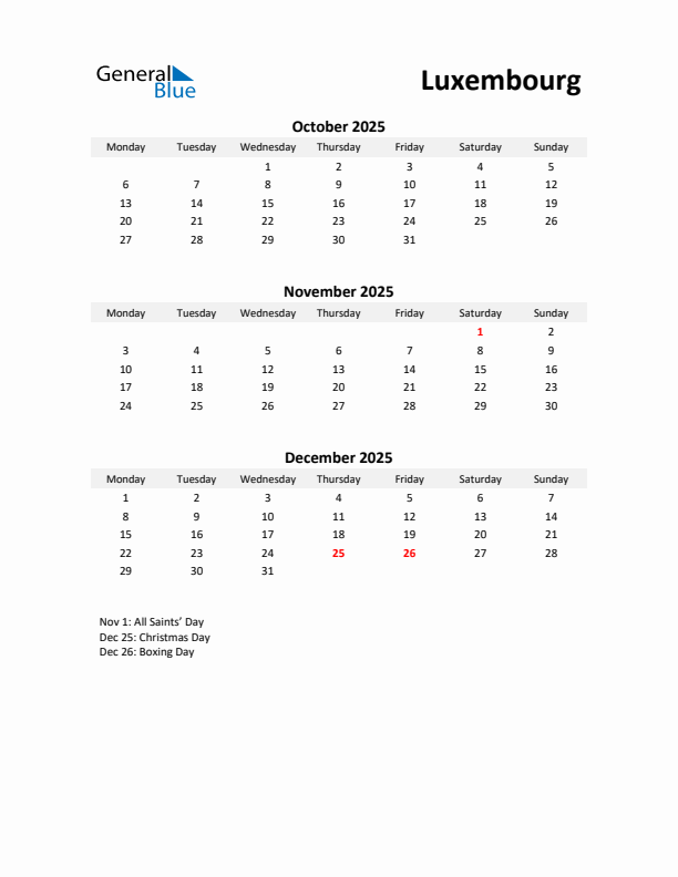 Printable Quarterly Calendar with Notes and Luxembourg Holidays- Q4 of 2025