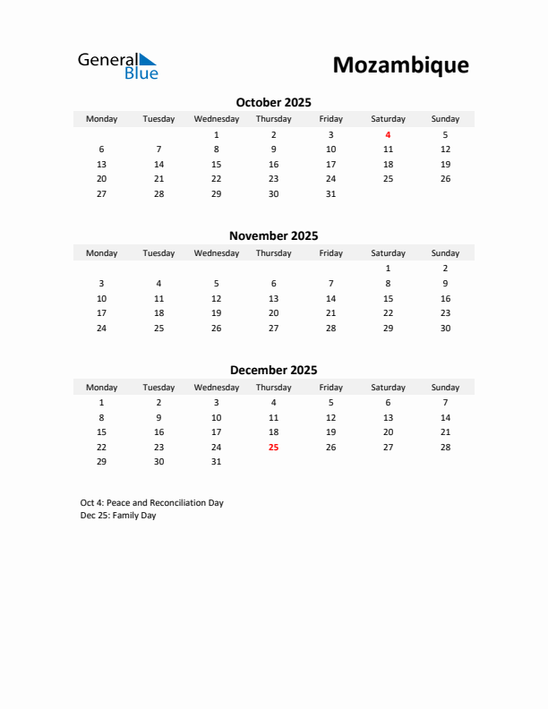 Printable Quarterly Calendar with Notes and Mozambique Holidays- Q4 of 2025