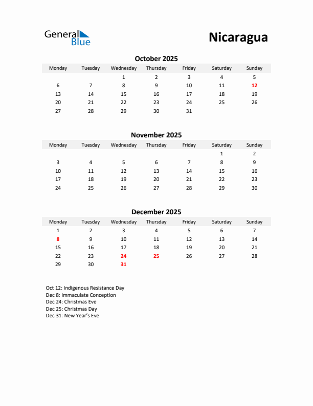 Printable Quarterly Calendar with Notes and Nicaragua Holidays- Q4 of 2025