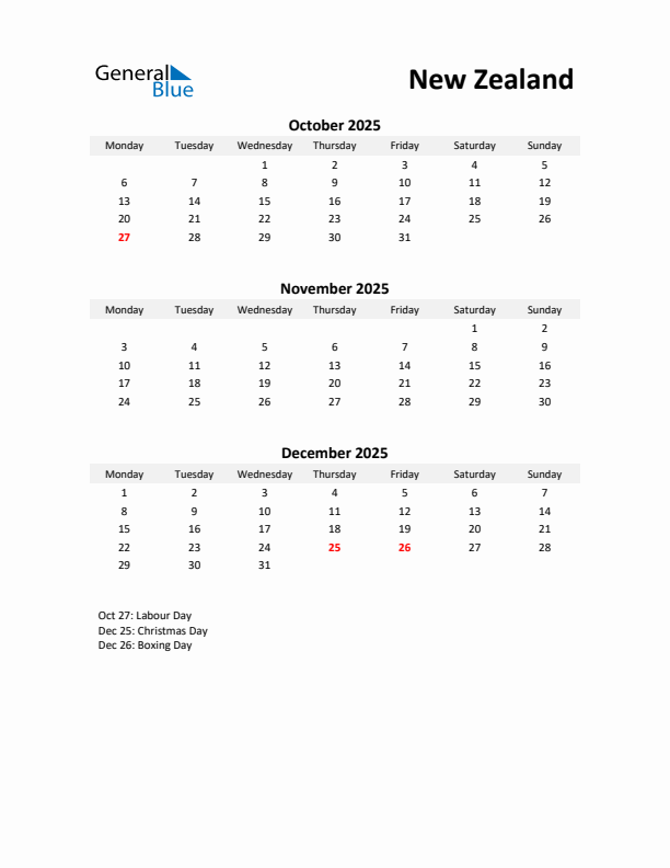 Printable Quarterly Calendar with Notes and New Zealand Holidays- Q4 of 2025