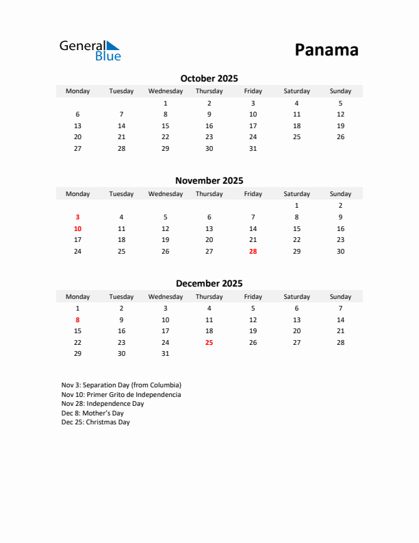 Printable Quarterly Calendar with Notes and Panama Holidays- Q4 of 2025