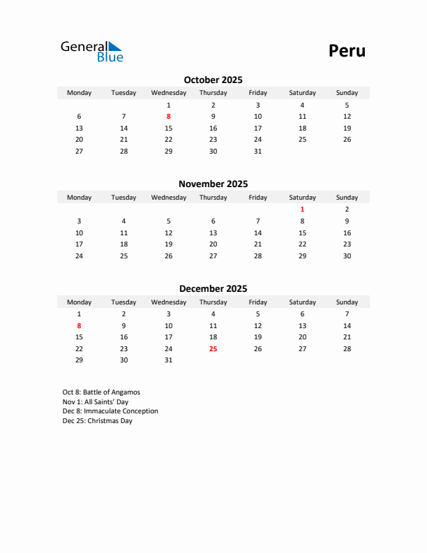 Printable Quarterly Calendar with Notes and Peru Holidays- Q4 of 2025