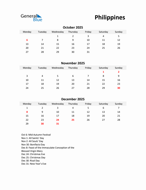 Printable Quarterly Calendar with Notes and Philippines Holidays- Q4 of 2025