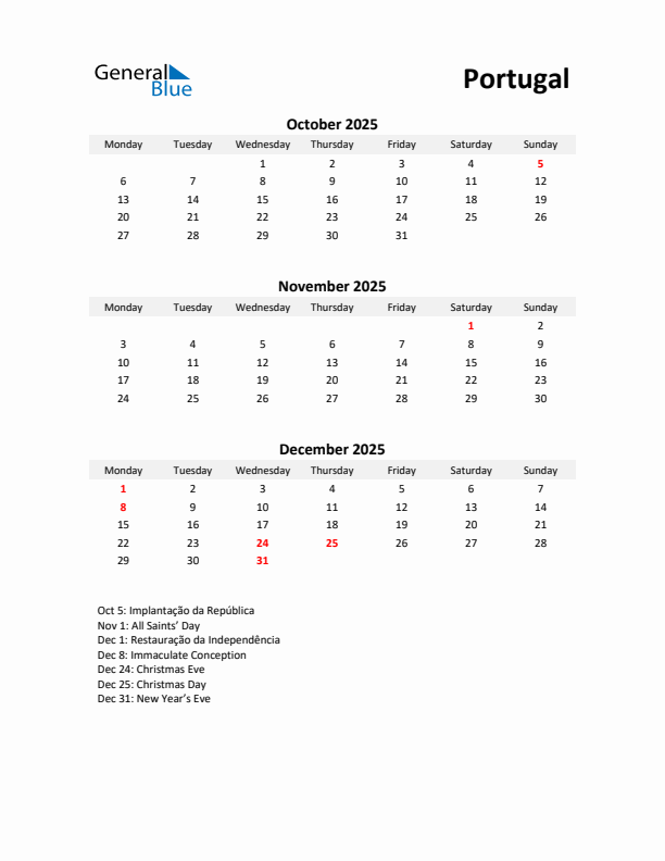 Printable Quarterly Calendar with Notes and Portugal Holidays- Q4 of 2025