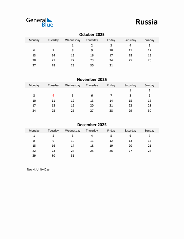 Printable Quarterly Calendar with Notes and Russia Holidays- Q4 of 2025