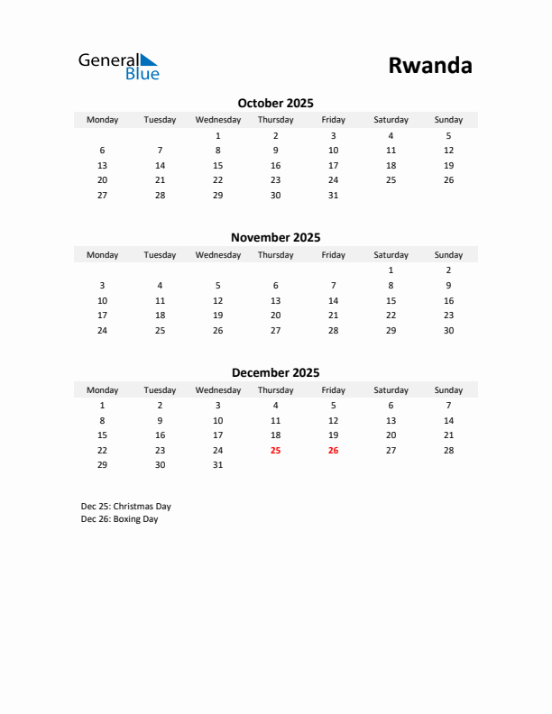 Printable Quarterly Calendar with Notes and Rwanda Holidays- Q4 of 2025