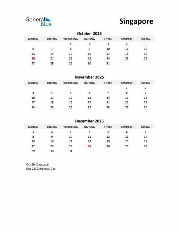 Printable Quarterly Calendar with Notes and Singapore Holidays- Q4 of 2025