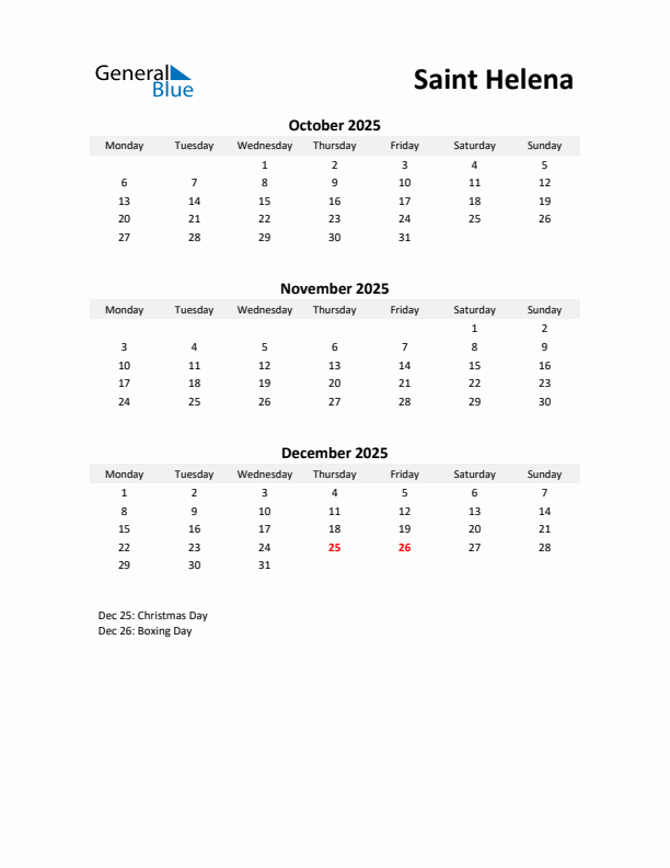 Printable Quarterly Calendar with Notes and Saint Helena Holidays- Q4 of 2025