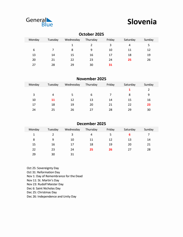 Printable Quarterly Calendar with Notes and Slovenia Holidays- Q4 of 2025