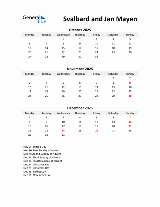 Printable Quarterly Calendar with Notes and Svalbard and Jan Mayen Holidays- Q4 of 2025