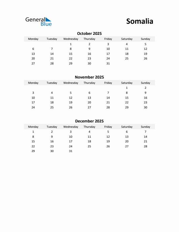 Printable Quarterly Calendar with Notes and Somalia Holidays- Q4 of 2025