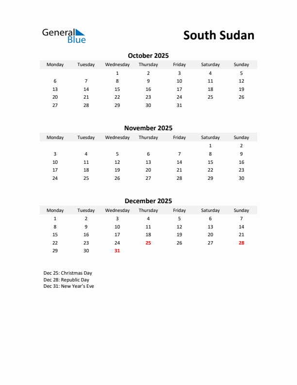 Printable Quarterly Calendar with Notes and South Sudan Holidays- Q4 of 2025