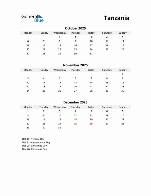 Printable Quarterly Calendar with Notes and Tanzania Holidays- Q4 of 2025