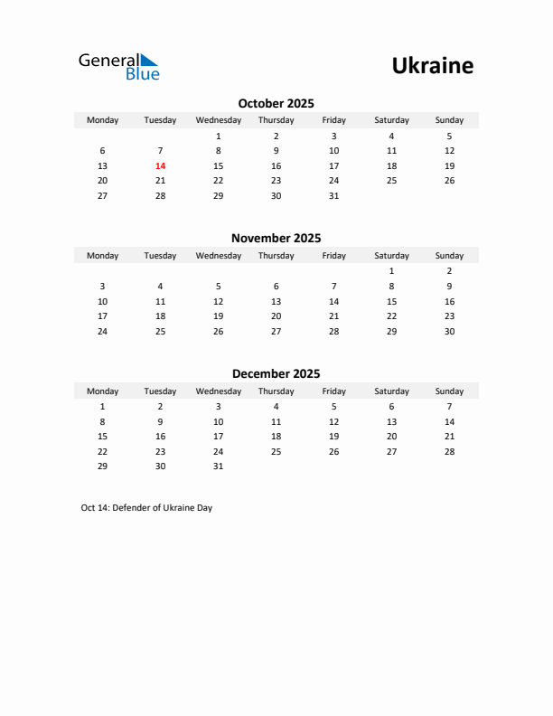 Printable Quarterly Calendar with Notes and Ukraine Holidays- Q4 of 2025