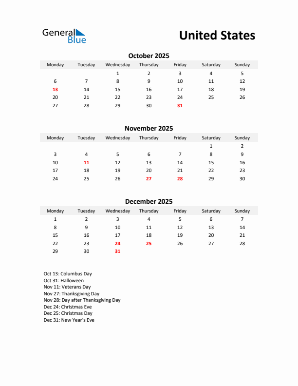 Printable Quarterly Calendar with Notes and United States Holidays- Q4 of 2025