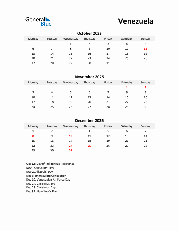 Printable Quarterly Calendar with Notes and Venezuela Holidays- Q4 of 2025