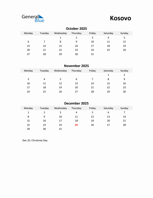 Printable Quarterly Calendar with Notes and Kosovo Holidays- Q4 of 2025