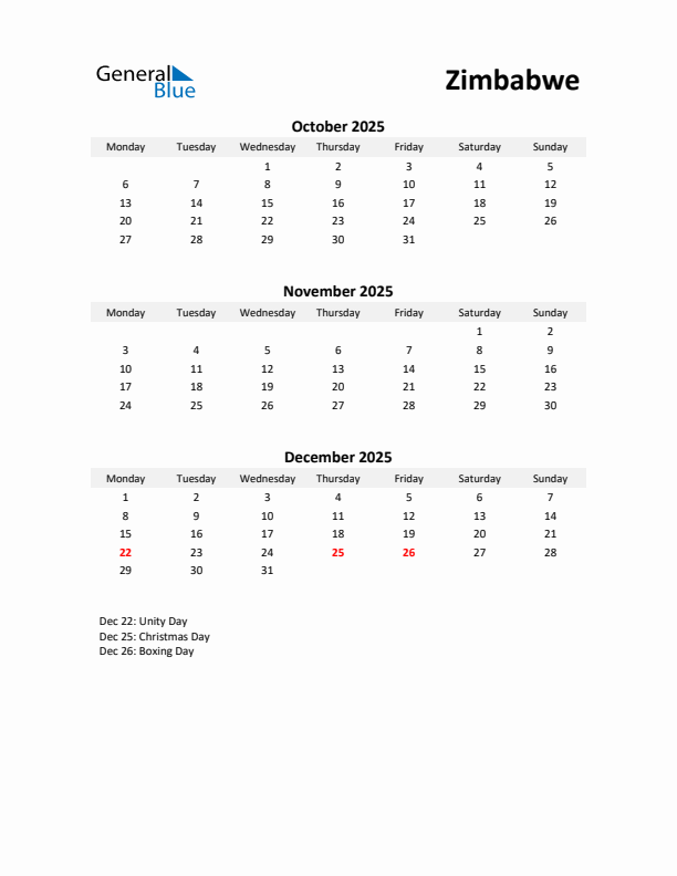 Printable Quarterly Calendar with Notes and Zimbabwe Holidays- Q4 of 2025