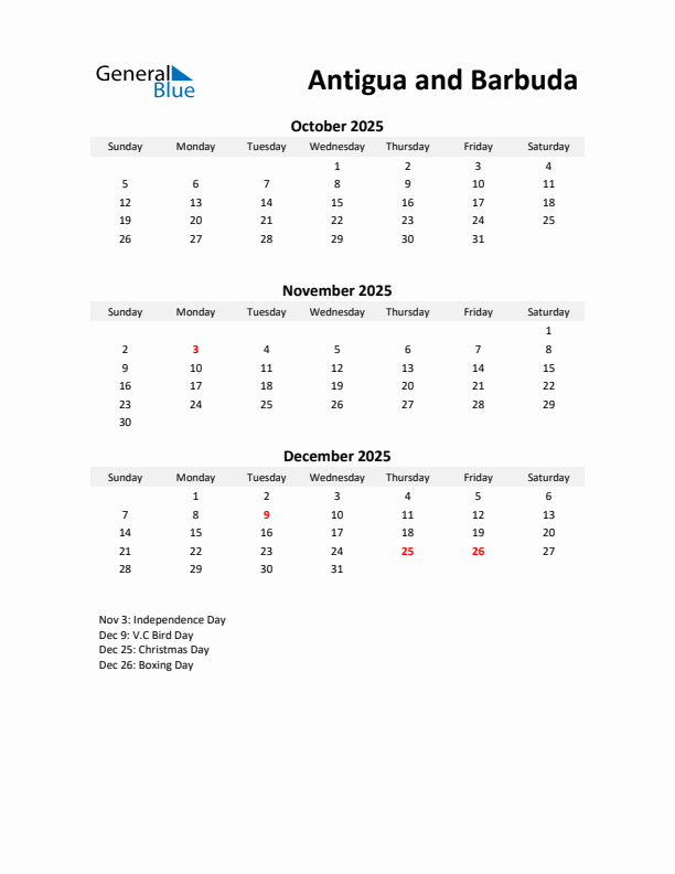 Printable Quarterly Calendar with Notes and Antigua and Barbuda Holidays- Q4 of 2025