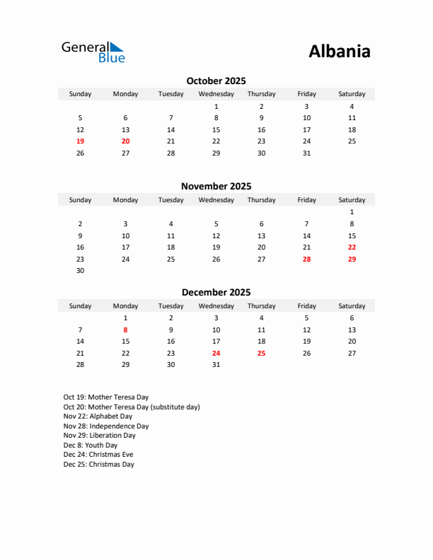 Printable Quarterly Calendar with Notes and Albania Holidays- Q4 of 2025