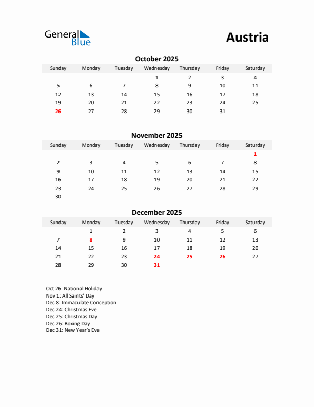 Printable Quarterly Calendar with Notes and Austria Holidays- Q4 of 2025