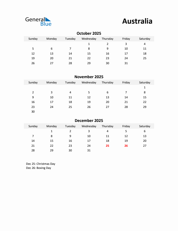 Printable Quarterly Calendar with Notes and Australia Holidays- Q4 of 2025