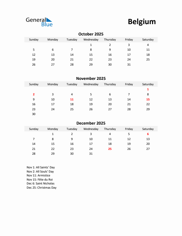 Printable Quarterly Calendar with Notes and Belgium Holidays- Q4 of 2025