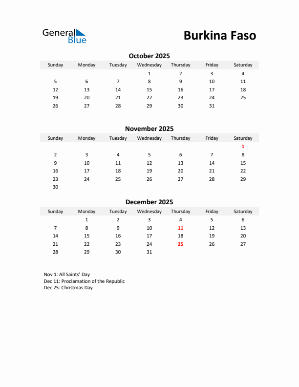 Printable Quarterly Calendar with Notes and Burkina Faso Holidays- Q4 of 2025