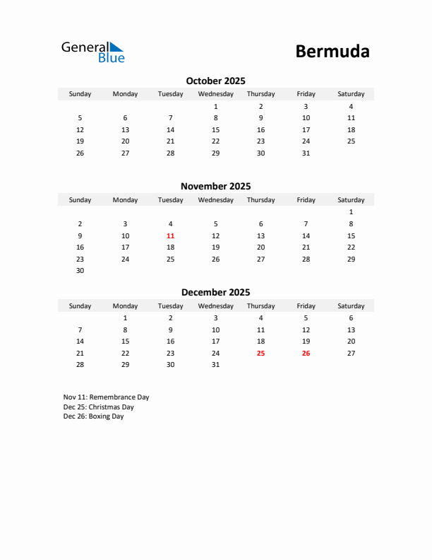 Printable Quarterly Calendar with Notes and Bermuda Holidays- Q4 of 2025