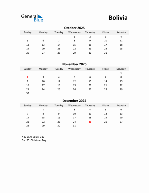 Printable Quarterly Calendar with Notes and Bolivia Holidays- Q4 of 2025