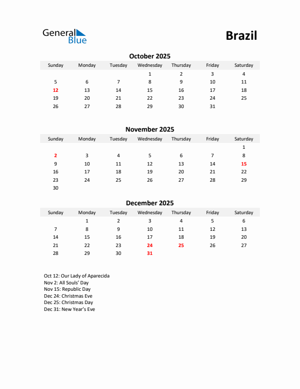 Printable Quarterly Calendar with Notes and Brazil Holidays- Q4 of 2025