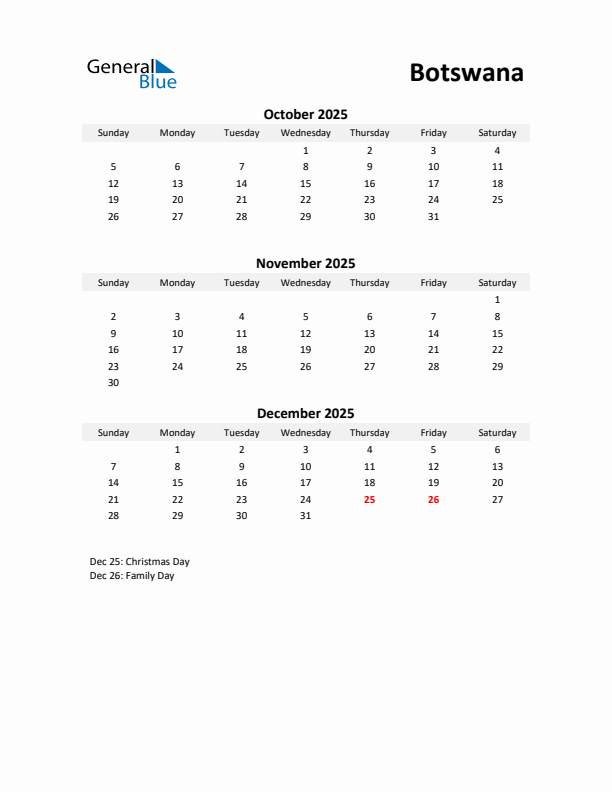 Printable Quarterly Calendar with Notes and Botswana Holidays- Q4 of 2025